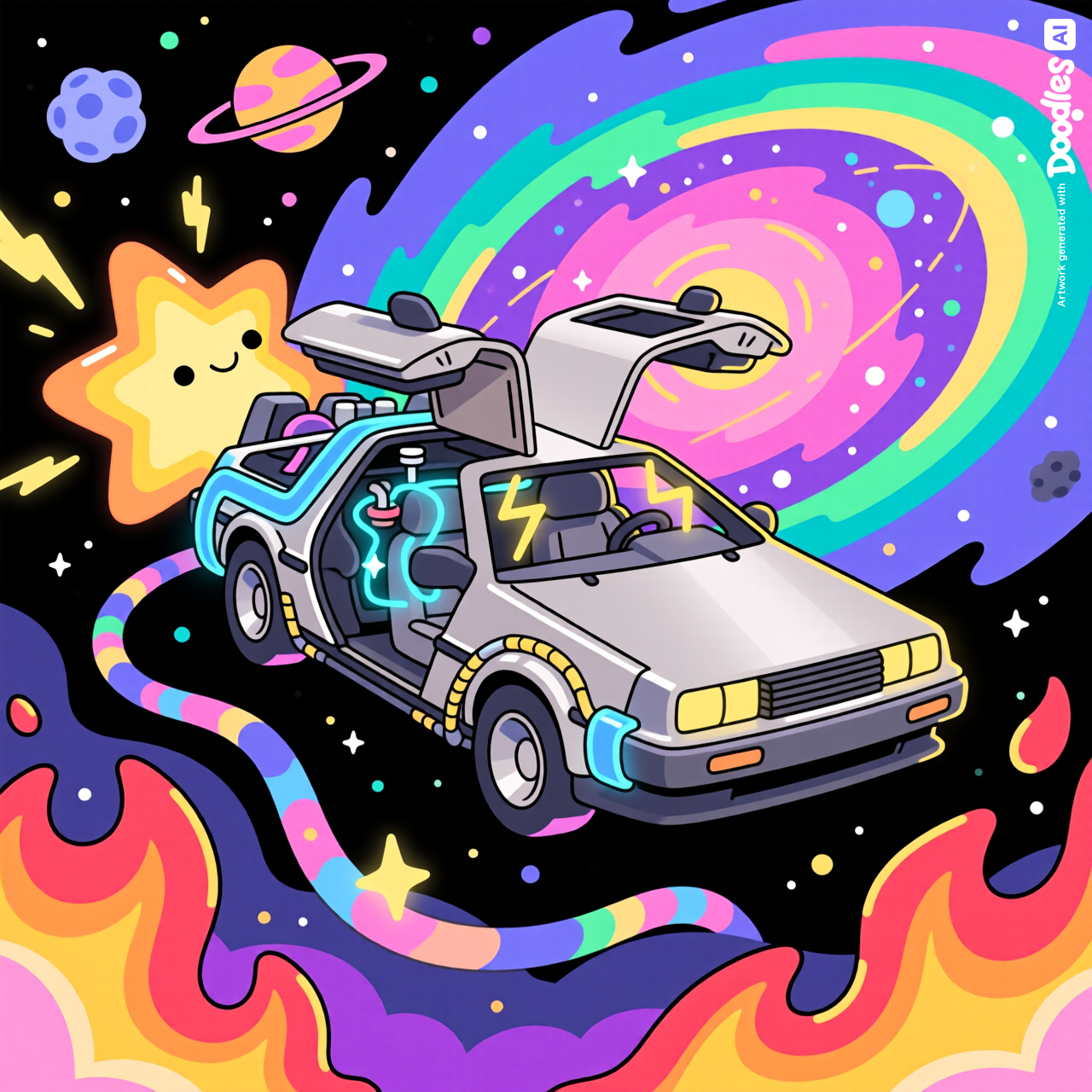 A Doodles-style DeLorean DMC-12 hovering at the very moment the universe is born, surrounded by swirling newborn galaxies, bursting stars, and waves of cosmic fire in vivid neon colors. The flux capacitor glows brilliantly through the chaos, and the car floats as the one solid, familiar object in a universe exploding into colorful existence all around it, rendered in the bold, cheerful, rounded art style of Doodles NFT illustration.