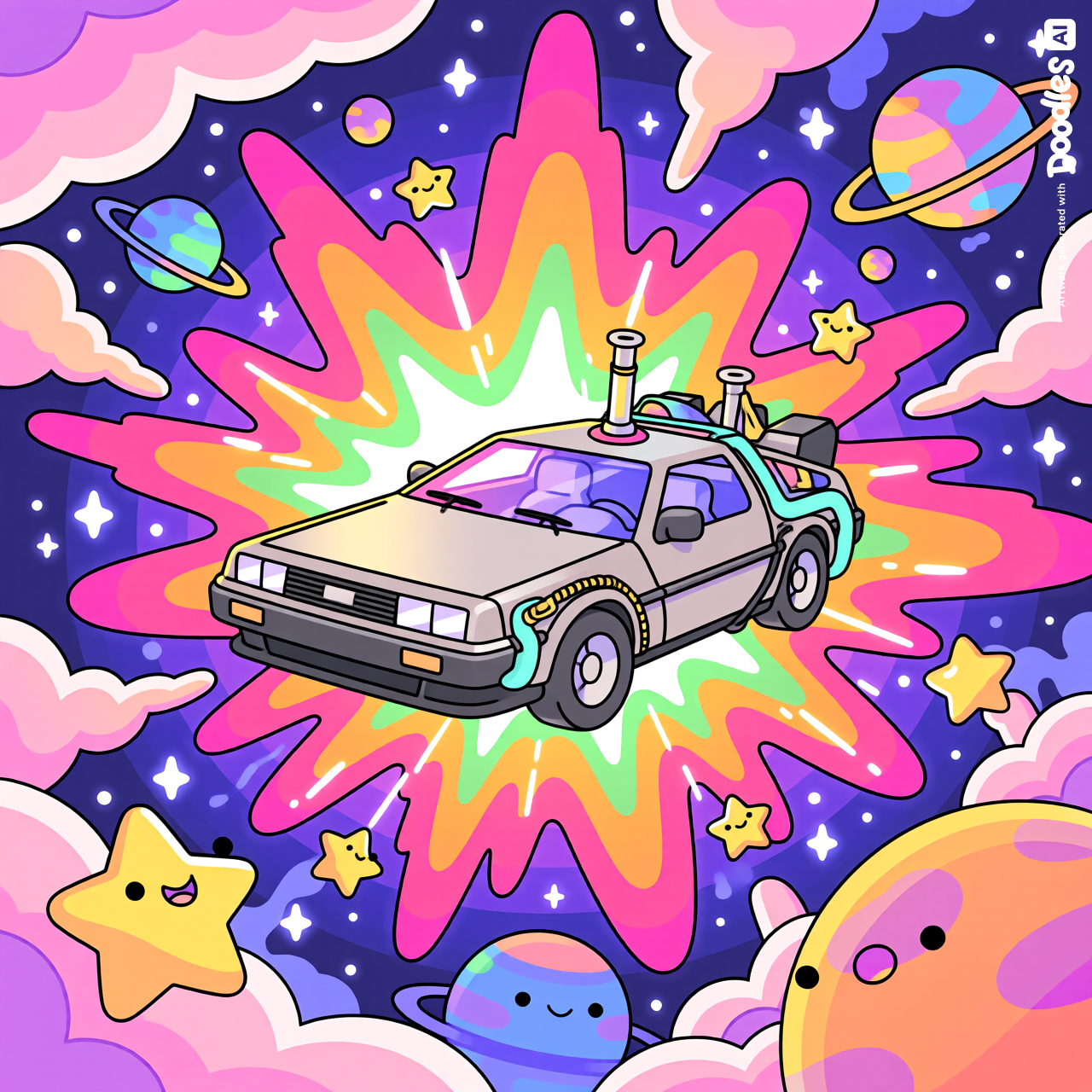 A Doodles-style DeLorean DMC-12 hovering at the very moment the universe bursts into existence, surrounded by swirling newborn galaxies, exploding stars, and rolling waves of cosmic fire in vivid neon colors. The flux capacitor glows brilliantly through the beautiful chaos, and the car floats as the one solid, familiar shape in a universe blazing into colorful life all around it, illustrated in the bold, cheerful, rounded art style of Doodles NFT.