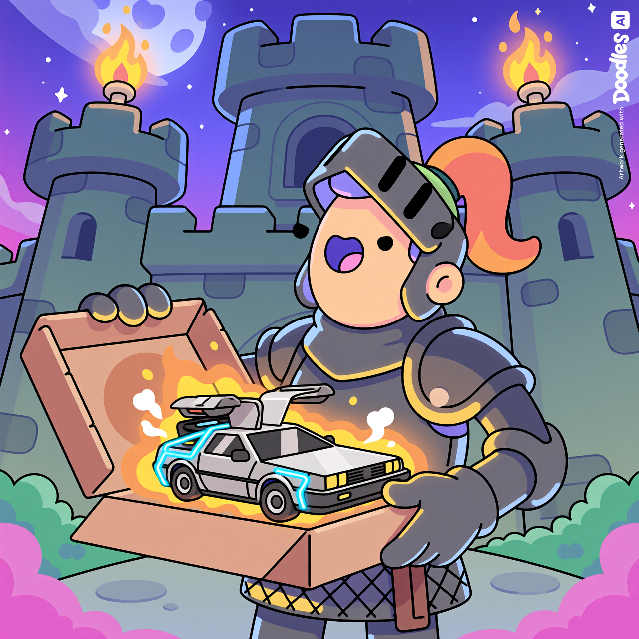A Doodles-style medieval knight in full chunky armor standing outside a stone castle at night, opening a pizza delivery box with a completely stunned expression, only to discover a tiny shiny silver DeLorean DMC-12 inside glowing with a bright flux capacitor instead of pizza, little wisps of steam curling up from the box, flickering torches lighting the castle walls behind him, the whole scene bursting with vibrant colors, playful bold outlines, and that signature Doodles NFT charm — whimsical, funny, and full of joyful cartoon energy.
