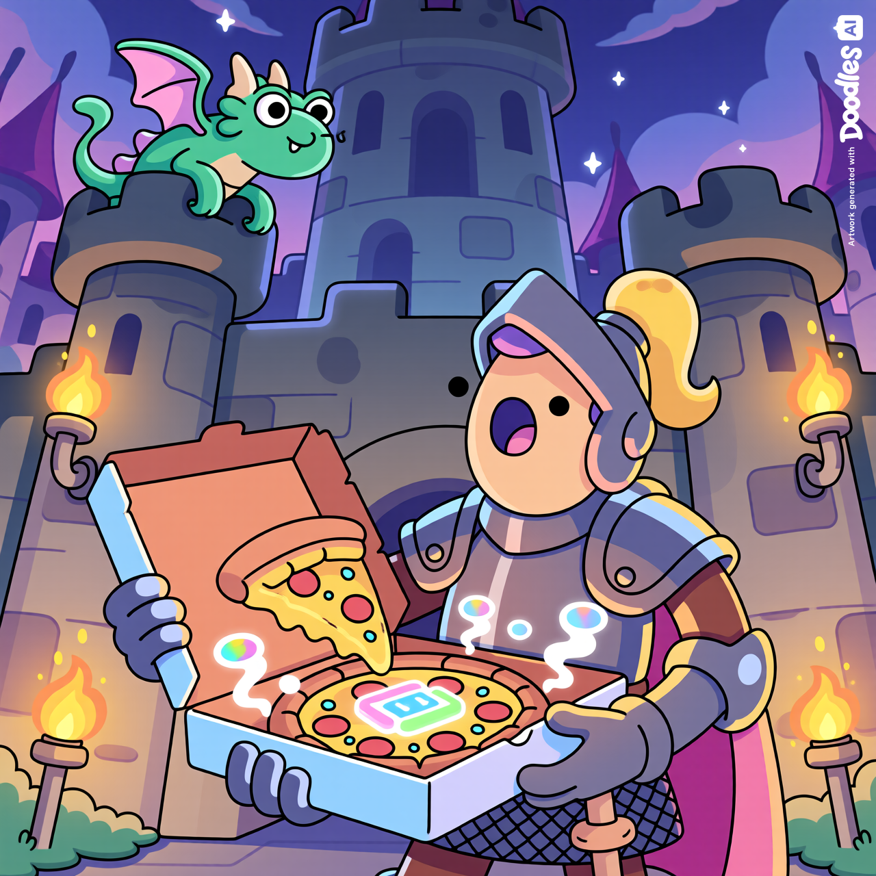 A chunky Doodles-style medieval knight in full rounded armor standing outside a stone castle at night, lifting open a pizza delivery box with a completely stunned and delighted expression. Inside the box, a shiny silver DeLorean DMC-12 is shaped and arranged like a round pizza — flat and circular like a pie, with gull-wing doors fanning out like pizza slices, a glowing flux capacitor blazing in the center like a neon cheese pull, sending colorful bolts of pink, purple, blue, and orange light radiating in every direction. Little wisps of steam curl upward from the box. High on the castle tower, a massive friendly Doodles-style dragon perches and peers down curiously at the glow with wide googly eyes. Flickering torches line the stone walls, casting a warm dancing light across the scene. The whole image bursts with vibrant saturated color, playful bold outlines, and that signature Doodles NFT charm — whimsical, funny, and overflowing with joyful cartoon energy.