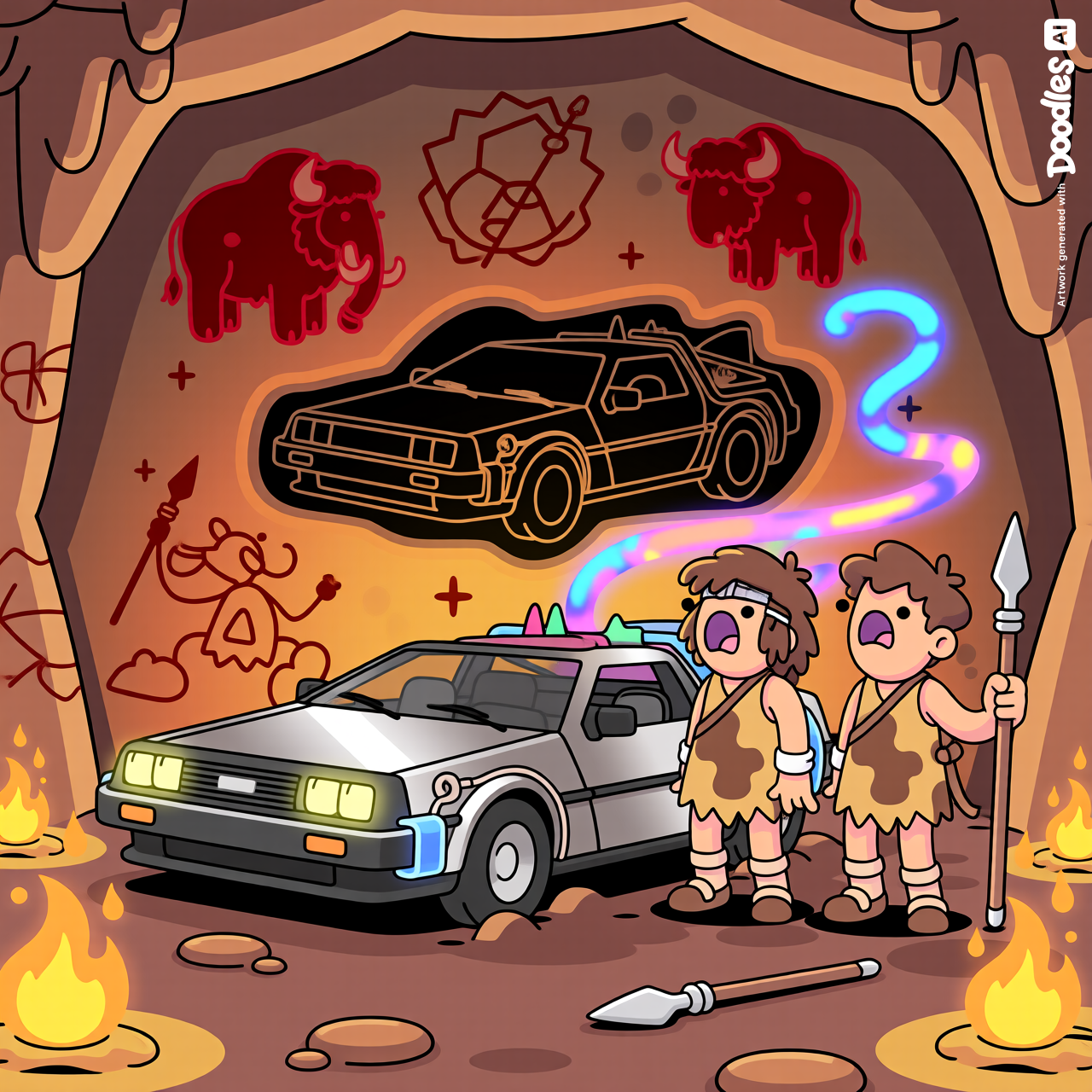 A Doodles NFT-style scene inside a prehistoric cave glowing with warm firelight, rough stone walls covered in primitive stick-figure paintings of mammoths, bison, and hunters holding spears drawn in red and ochre. In the center of the wall, a shiny silver DeLorean DMC-12 bursts free from the flat cave painting, peeling itself into full three-dimensional form and rolling out into the cave, leaving behind only a hollow flat outline of itself on the stone surface. The flux capacitor trails swirling ribbons of colorful light behind it. Two Doodles-style cavemen nearby drop their spears in wide-eyed shock, their chunky bold outlines and expressive faces full of delightful disbelief. The whole scene pulses with vibrant color, playful thick outlines, and that signature Doodles charm — whimsical, warm, and full of joyful energy.