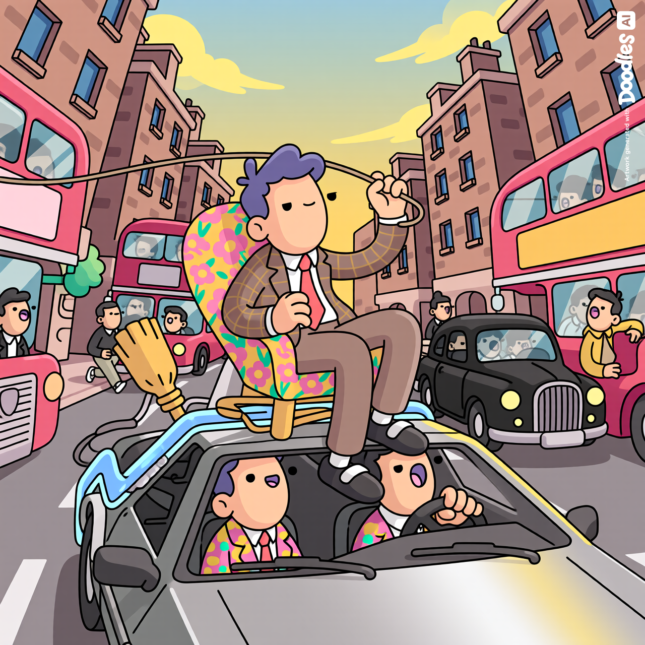 Mr. Bean perched comfortably in an armchair strapped to the roof of a DeLorean, steering through a rope dangling into the sunroof below, a broom wedged in as a makeshift gear shift, cruising casually down a busy London street with an expression of total, unbothered calm. Perfectly absurd, perfectly him.