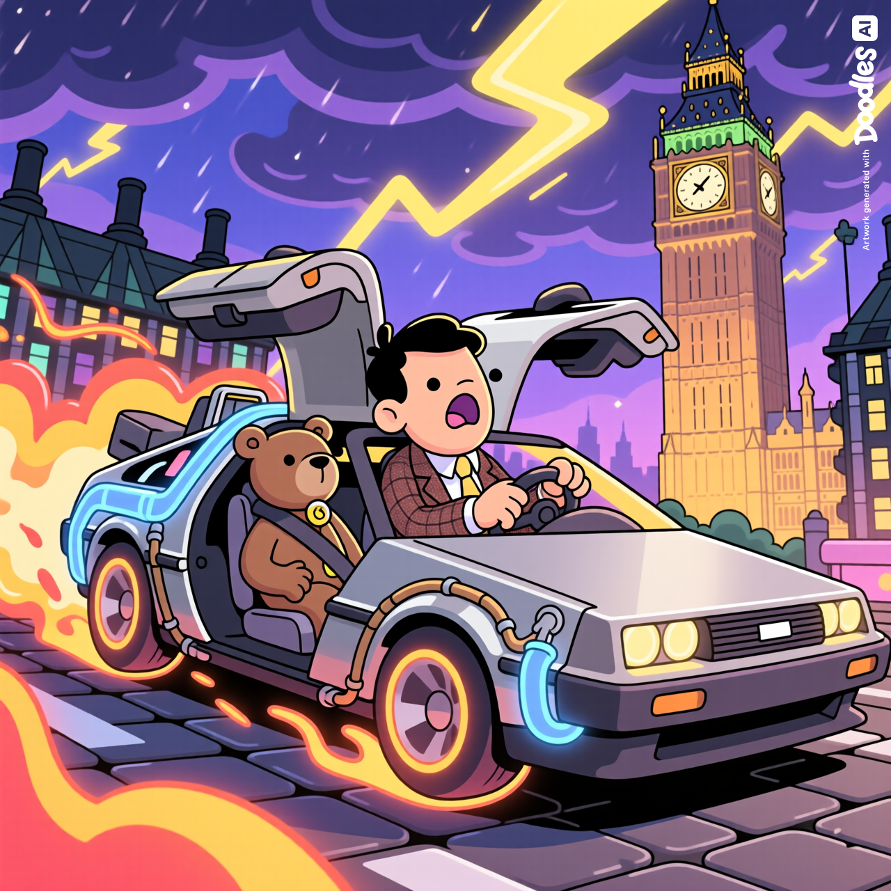 Mr. Bean driving the DeLorean through London at 88mph, Teddy bear strapped into the passenger seat with a tiny seatbelt, Big Ben in the background, lightning bolt about to strike.