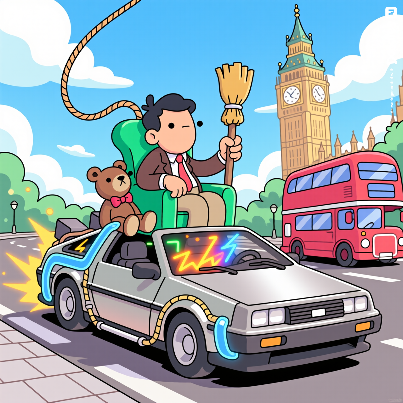 Doodles NFT art style, Mr. Bean as a Doodles character sitting calmly in a green armchair strapped to the roof of a shiny silver DeLorean DMC-12, driving through a London street, steering the car with a rope going down through the sunroof, holding a broomstick as a makeshift gear shift, Teddy bear sitting next to him on the armchair, completely deadpan serious expression, flux capacitor glowing under the hood with colorful light, Big Ben and red double-decker bus in the background, blue sky with fluffy clouds, vibrant colors, playful bold outlines, signature Doodles charm, whimsical, absurd British comedy, cinematic homage