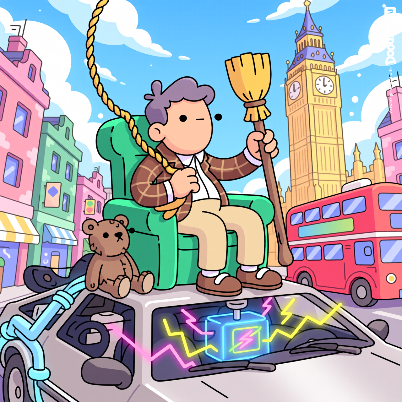 A Doodles NFT-style illustration of Mr. Bean as a Doodles character, sitting perfectly calm in a green armchair strapped to the roof of a shiny silver DeLorean DMC-12, cruising through a lively London street. He steers the car with a rope disappearing down through the sunroof and grips a broomstick as a makeshift gear shift, wearing a completely deadpan serious expression. His little Teddy bear sits beside him on the armchair, equally unfazed. A flux capacitor glows with colorful light beneath the hood, Big Ben towers in the background alongside a classic red double-decker bus, and the sky is a bright blue filled with fluffy white clouds. The whole scene bursts with vibrant Doodles colors, bold playful outlines, and that signature whimsical charm, capturing the wonderfully absurd spirit of British comedy in the most delightfully matter-of-fact way possible.