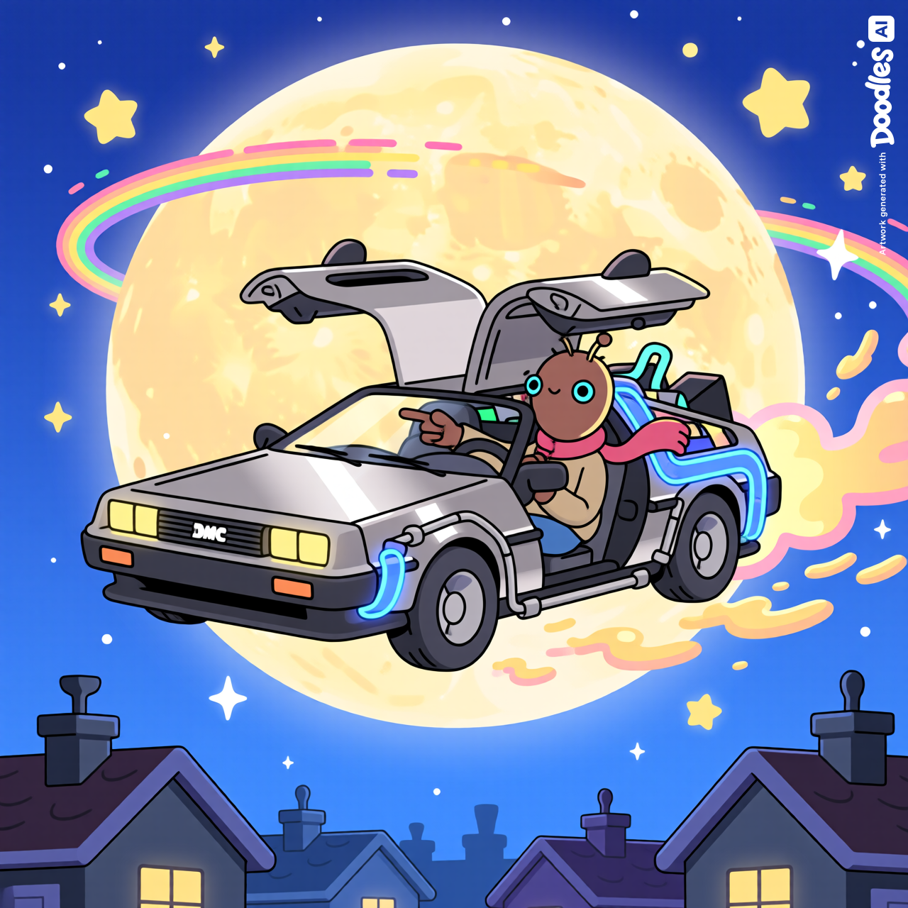 Doodles NFT art style, iconic silhouette composition against a massive glowing full moon filling the sky, a shiny silver DeLorean DMC-12 flying across the moon with its gull-wing doors open like wings, E.T. the extraterrestrial in the driver's seat with his big eyes and glowing red fingertip pointing forward through the windshield, Elliot the young boy in a hoodie hanging onto the back of the DeLorean with his scarf and hair flowing dramatically in the wind, flux capacitor glowing bright blue and purple leaving a magical trail of colorful sparkles and stardust arcing across the moon, soft cinematic backlighting creating a dreamy silhouette effect, warm nostalgic atmosphere, deep blue night sky with twinkling stars, suburban rooftops barely visible at the bottom of the frame, vibrant colors, playful bold outlines, signature Doodles charm, whimsical, cinematic 80s movie homage