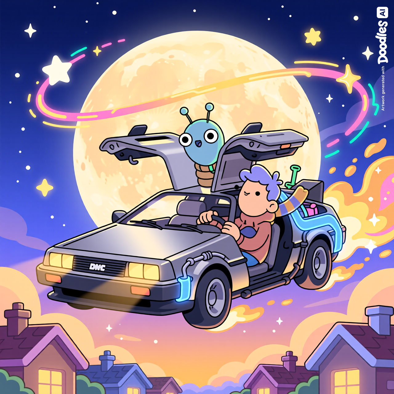 Doodles NFT art style, a shiny silver DeLorean DMC-12 soaring across a massive glowing full moon that fills the entire sky, its gull-wing doors spread open like wings in mid-flight, E.T. the extraterrestrial sitting behind the wheel with his big round eyes wide and his glowing red fingertip pointing forward, Elliot the young boy in a hoodie clinging to the back with his scarf and hair streaming wildly in the wind, the flux capacitor blazing in bright blue and purple and leaving a sweeping trail of colorful sparkles and stardust arcing beautifully across the moon, deep blue night sky scattered with twinkling stars, soft suburban rooftops just peeking along the bottom edge, the whole scene bathed in warm glowing backlight that makes everything feel like a magical silhouette, vibrant colors, playful bold outlines, whimsical nostalgic energy, and all the signature charm of Doodles illustration style.