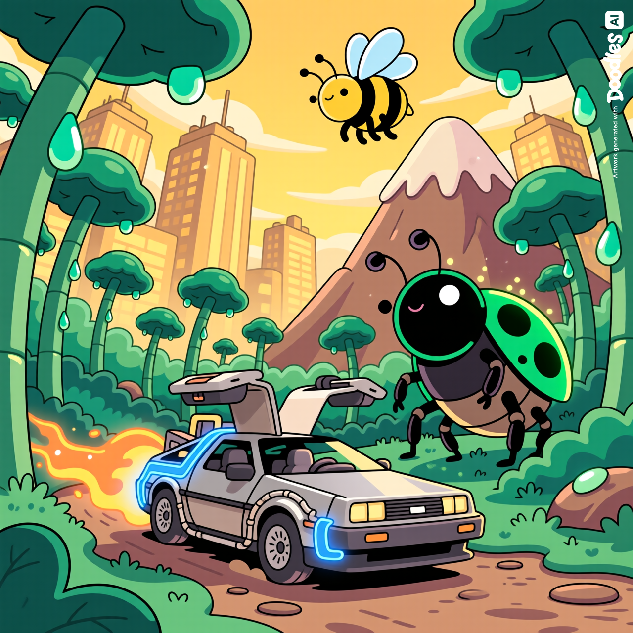 A tiny DeLorean that has traveled to the future, now shrunk down smaller than a blade of grass, zipping through a towering world of enormous insects and giant green stems, with a playful sense of wild adventure and impossible scale.