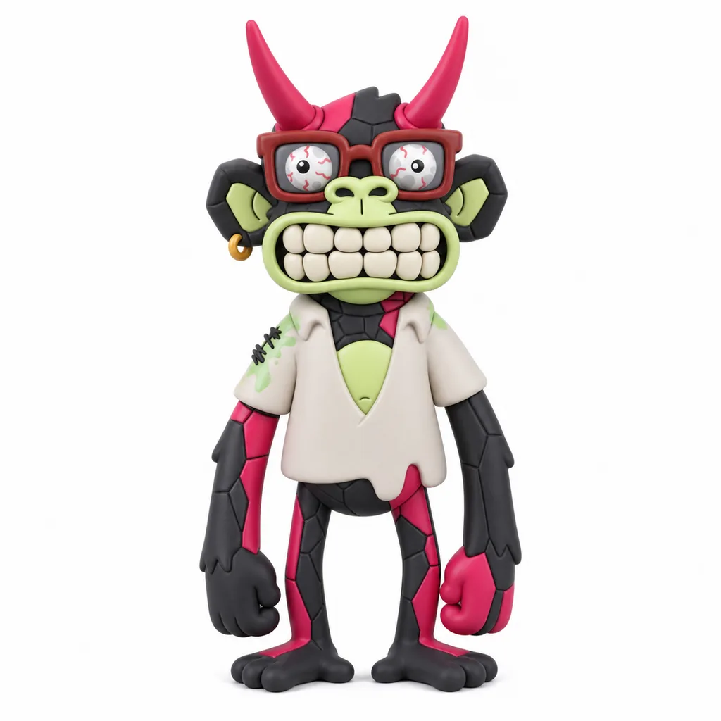 Full-body premium 3D collectible of a **Mutant Ape**, preserving the NFT face extremely closely. Use classic BAYC sculpture proportions: huge head, narrow lean torso, very long slim arms and legs, oversized ape hands and large bare feet. Slight forward slouch, NOT bulky or chibi.
 
Body and head are covered in **jagged crystalline mutant skin**: irregular angular charcoal-black #25282A and graphite plates broken by vivid crimson/magenta #C7194E sections and fissures. Keep the shapes sharp, faceted and uneven, like cracked volcanic crystal rather than fur.
 
Huge projecting **lime-green #B6D75C ape muzzle and lower jaw**, broad green nose, and an enormous cheek-to-cheek clenched grin packed with large irregular off-white teeth outlined individually in black. The mouth is a huge tooth wall, NOT an open mouth.
 
Wear thick **burnt-orange #C65332 rectangular glasses**. Behind them are two grotesque swollen mutant eyeballs filling the lenses: cloudy grey-white eyes densely mottled with red, black and grey organic veining, tiny dark pupils, uneven and bloodshot. **Do not generate normal eyes behind the glasses.**
 
Two long sharp crimson horns project upward/outward from the skull. Large side ear with angular mutant exterior and faceted yellow-green inner ear, plus a small orange/gold hoop earring.
 
Wear a loose **dirty white short-sleeve collared shirt**, open deeply at the chest, with pale toxic-green splatters and rough black scribble marks on the shoulder. Exposed chest is smooth lime-green, surrounded by the black/crimson crystalline neck.
 
Continue the crystalline mutant pattern down the long arms and legs. Premium handmade resin/vinyl sculpture, dimensional angular plates, matte finish, full character visible, slight three-quarter front view, neutral studio background.
 
**PRIORITY:** huge green BAYC muzzle, massive crowded tooth grin, orange glasses with grotesque mottled eyeballs, black/crimson faceted mutant skin, twin crimson horns, dirty open white shirt, lime-green chest, and lanky BAYC body proportions.