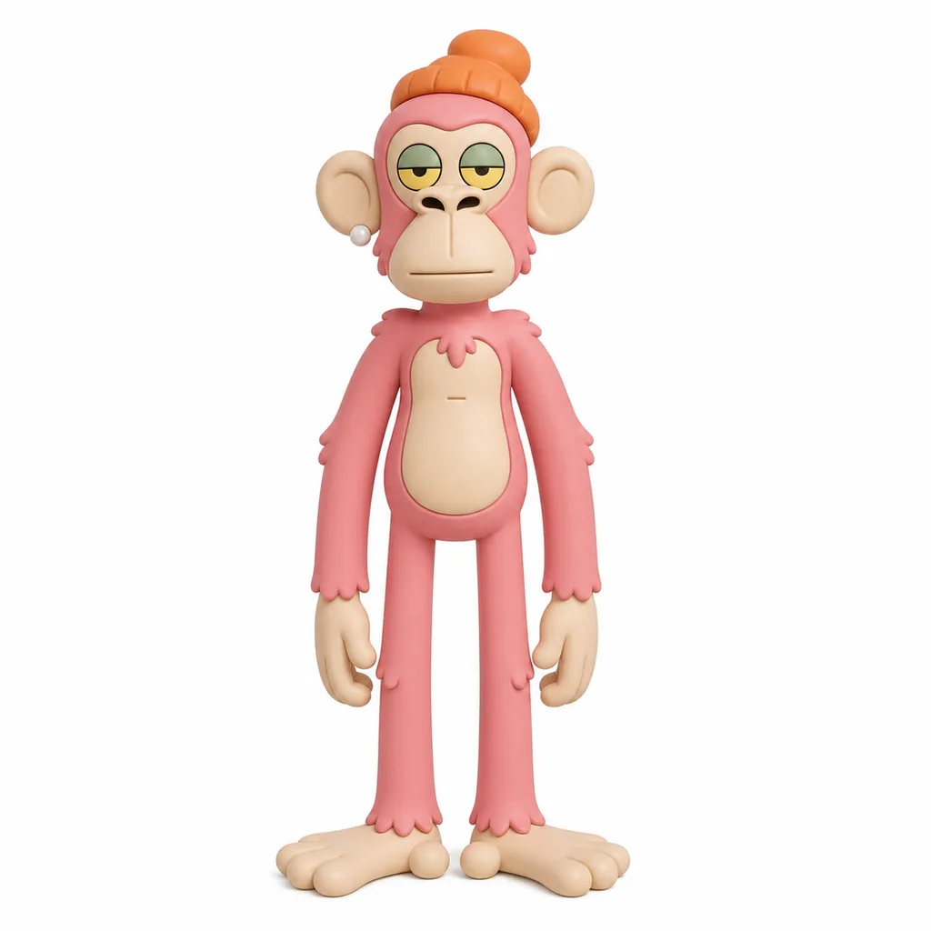 BAYC #2171

Create a **full-body hand-sculpted 3D collectible figurine** of a tall, lanky ape. Premium resin/clay artist sculpture, NOT a cute smooth vinyl toy.
 
**BODY:** Oversized ape head, narrow torso, very long thin arms reaching near the knees, and **extra-long skinny legs making up roughly half the height**. Large hands and enormous elongated ape feet. Slightly slouched relaxed stance.
 
**FUR:** Dusty salmon-pink **#E98999** fur covers the head, neck, shoulders, arms and **entire legs down to the ankles**, with visible sculpted fur tufts. Large bare hands and feet are tan **#C9AC82**. Large tan chest/belly patch with a pointed pink fur tuft at its upper edge.
 
**FACE:** Long angular tan muzzle **#C9AC82**, large ears, narrow nostrils and prominent jaw. Heavy half-closed yellow-green eyes **#B5AD39** with a tired, bored, unimpressed expression. Mouth slightly open in an awkward grimace showing **large irregular white teeth**. Do not make him smiling, friendly or cute.
 
**BEANIE:** Small burnt-orange knitted beanie **#C9824E**, sitting toward the back of the head with visible ribbed knit texture.
 
**EARRING:** Tiny round silver stud on one ear.
 
**LEGS:** Make them especially long, thin and entirely covered in salmon-pink fur. No clothing. Oversized tan ape feet with large separated toes.
 
**STYLE:** Detailed handmade physical sculpture with sculpted fur strands, wrinkles, skin texture, individual teeth and subtle imperfections. Matte hand-painted finish. Avoid Funko/chibi proportions, smooth plastic, cylindrical limbs, short legs or realistic gorilla anatomy.
 
Full-body studio product photo, warm off-white background, soft shadows. Entire character visible from beanie to feet, no pedestal or props.
 
**CRITICAL:** huge head + narrow body + long arms + **extra-long pink-furred legs + huge tan feet**. Preserve the half-lidded yellow eyes, long tan muzzle, exposed teeth, pink fur, orange beanie and silver ear stud.