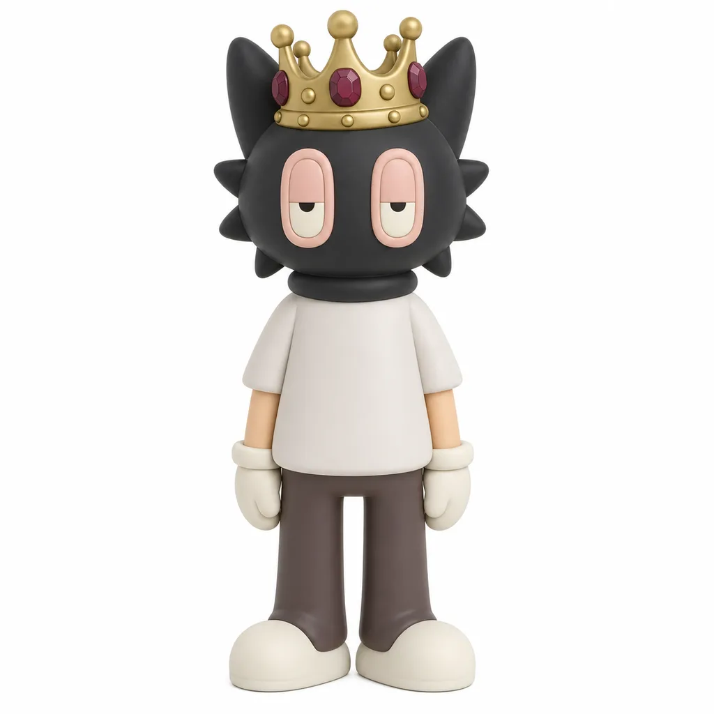 a KID called BEAST
- BEAST #101

Create a premium full-body 3D collectible figurine faithfully reconstructing the original character. Do NOT redesign or simplify it.
 
PROPORTIONS: approximately 4.25 heads tall. Large broad head, but a substantially LONGER and slightly WIDER body than a typical chibi toy. Torso must be about 25–30% longer than a standard Doodles-style torso, extending clearly from neck to hips. Shoulders approximately 70% of head width. Medium-long arms reaching beside the upper thighs. Straight moderately long legs. The body must feel balanced beneath the large head, NOT tiny, compressed or childlike.
 
HEAD: broad charcoal-black hood #111113 with subtle fine woven FABRIC texture. Two large pointed ears rise behind crown; several short triangular black spikes project from lower sides/back. Thick rolled black collar.
 
EYES: two enormous separate vertical rounded-rectangle sockets with thick raised peach rims #D3A18A. Pale-peach lids #E1C1B0 droop over ~70–75% of each eye, leaving tiny near-black pupils #080808 visible low in the openings. Sleepy, bored expression. NO MOUTH OR MOUTH LINE WHATSOEVER. No nose, eyebrows or exposed face panel.
 
CROWN: broad antique-metallic-gold royal crown #B99532, highlights #D7B64D, shadows #80621F. Curved points ending in gold spheres, thick studded lower band and large faceted ruby gems #9C0715 with dark facets #61030B. Polished metal, not yellow plastic.
 
BODY: warm off-white T-shirt #E1DEDA with a LONG, roomy rectangular torso and slightly relaxed sides. Shirt body should be noticeably taller than its sleeve length and extend well below the elbows' upper level. Pale-peach forearms #D2A18B. Large off-white glove hands #DDDAD6 with thick matching wrist cuffs. Straight chocolate-brown pants #593B30.
 
SHOES: huge rounded warm off-white shoes #DDDAD6, broad and bulbous, approximately 1.5× lower-leg width.
 
Premium collectible finish; woven hood, matte clothing/body and reflective metallic crown. Full-body front view, neutral light-grey #E3E4E6 studio background.
 
CRITICAL: LONGER/WIDER TORSO, longer arms and legs, balanced 4.25-head-tall silhouette, huge sleepy eyes, NO MOUTH LINE, woven black hood, crown, white cuffs/gloves and huge cream shoes.
 
AVOID: tiny torso, compressed body, chibi proportions, enormous head on miniature body, short arms, mouth line, black shoes, smooth hood, exposed face panel or ninja visor.