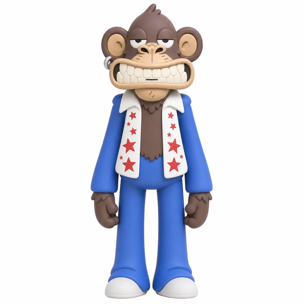 BAYC #7709 --- Full-body premium 3D designer-toy ape, tall and lanky, about four head-heights tall. Preserve the original character's unusual face above everything else. Medium dark warm-brown fur #704824, darker chocolate-brown #4A301D shadows/tufts, large round ears with warm beige inner ears #E6BD83, and a thick silver #BFC2C5 hoop earring on the viewer-left ear. Short pointed brown fur tufts on top of head and under jaw.
 
FACE IS CRITICAL: heavy drooping half-closed eyelids with a bored sleepy expression. Beige/tan #D8B27A wrinkled muzzle projecting strongly forward. Broad flattened nose with two large black nostrils. **Huge open toothy grin spanning almost the entire width of the face from cheek to cheek.** Upper and lower lips are thick, stretched and heavily wrinkled with sculpted crease lines. Mouth opening must be large and clearly open, exposing **many oversized irregular white #F8F6EE teeth**, crowded together rather than a perfect uniform row, plus prominent pointed canine/fang teeth at both outer corners. Long projecting lower jaw and chin beneath the teeth. **Absolutely NO closed mouth, tiny mouth, simple mouth line, cute smile or generic monkey muzzle. The enormous exposed-teeth grin is the defining feature.**
 
Dress him in a vivid **electric cobalt/royal-blue #0800E8 suit**, significantly darker and more saturated than ordinary medium blue. Retro stunt-performer suit styling. White #F8F7F0 oversized pointed collar and broad white lapels extending down the chest, decorated with bold bright-red #E21D2B five-point stars. Multiple red stars of different sizes visible across BOTH white lapels. Jacket open deeply at the front exposing the narrow brown furry chest. Matching saturated #0800E8 trousers, long straight legs and simple white shoes. Do not use pale, denim, cyan or muted blue.
 
Slim narrow torso, long arms and long legs, relaxed hanging hands; avoid oversized hands. Smooth matte vinyl/PVC collectible finish with subtle sculpted fur tufts and crisp recessed facial wrinkles. Front-facing neutral studio render on white background.
 
**NON-NEGOTIABLE IDENTITY:** enormous cheek-to-cheek OPEN grin packed with irregular teeth + side fangs; wrinkled tan lips/muzzle; sleepy eyelids; giant ears; silver hoop; brown fur; intensely saturated dark electric-blue suit; large white star-covered lapels with vivid red stars. Do not simplify the face into a cute Doodles monkey. Do not close or shrink the mouth. Do not remove the teeth. Do not make the torso short or chunky.