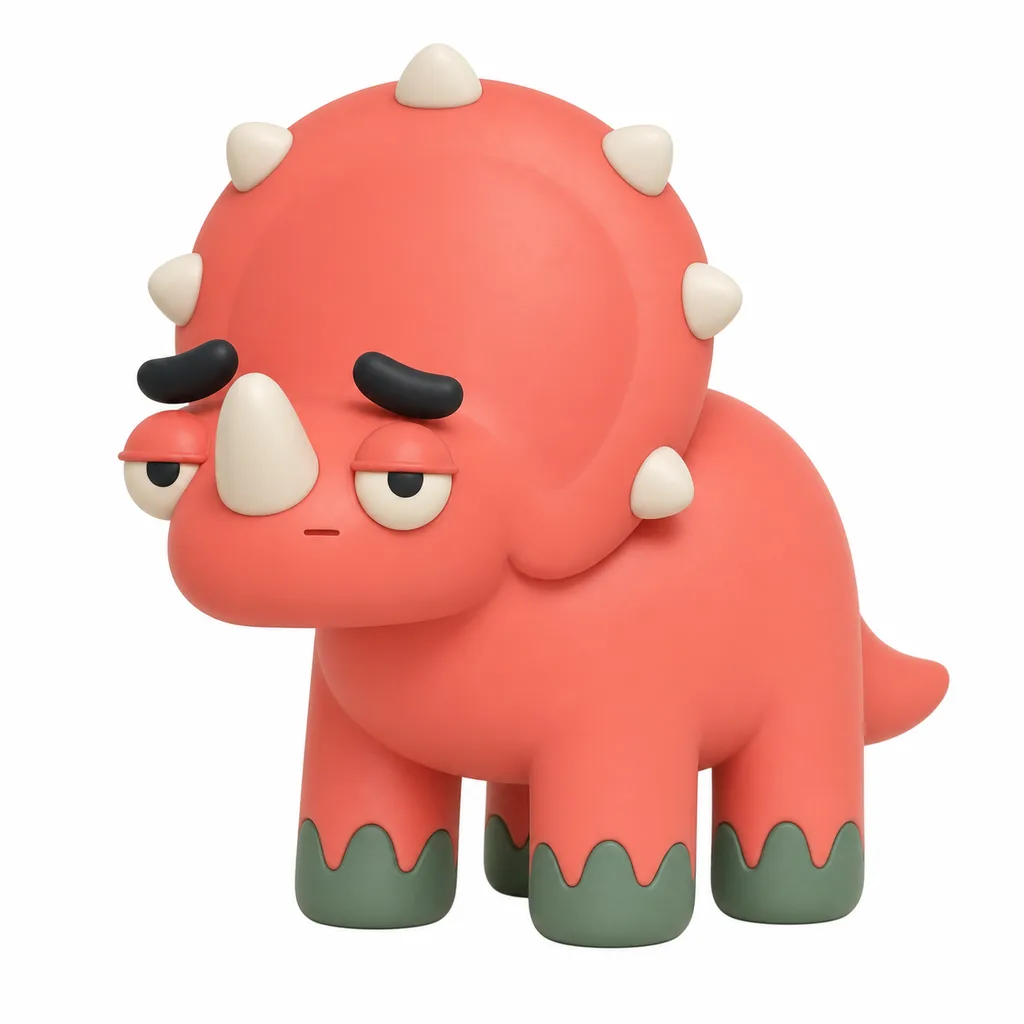 Claynosaurz 

Create a full-body stylized 3D toy figurine of a chunky, low-slung red-orange triceratops, matching the soft rounded proportions and tactile handmade feel of a Doodles collectible. The dinosaur has a huge heavy oval torso, very short thick legs, a long low neck flowing directly into an oversized head, and a small tapered tail. Keep the silhouette squat, wide, cute and slightly clumsy rather than anatomically realistic. The body is warm coral-red/orange (#E94F35) with subtle darker red speckles and mottling across the skin. Give the surface a softly textured, slightly imperfect clay/vinyl finish rather than smooth plastic.

The head is long and low with a blunt rounded snout and a tiny downturned mouth line, giving it a bored, unimpressed expression. Add one large smooth ivory-white (#F1E4CF) horn projecting upward-forward from the nose. The eyes are extremely distinctive: two large protruding round eyeballs sitting high on the face, creamy white lower halves with small dark pupils, covered by heavy drooping coral-red upper eyelids so the dinosaur looks sleepy and mildly annoyed. Above each eye floats a thick rounded black eyebrow, angled slightly upward toward the center.

Behind the head is a very large upright triceratops frill, oversized compared with the head, shaped like a broad rounded fan with a deep curved center surface. The frill is the same coral-red/orange as the body with darker mottling and has approximately 6–7 short chunky ivory-white triangular spikes spaced around its outer rim. Keep the frill thick, soft-edged and sculptural rather than thin or sharp.

The four legs are extremely short, thick rounded stumps hanging beneath the huge body. Each foot ends in a contrasting moss/olive-green (#7FA342) rounded section, with an irregular jagged red-to-green boundary resembling a zigzag leafy edge around the ankle. No claws or individual toes. Preserve the enormous torso, tiny legs, oversized frill, sleepy half-lidded eyes, floating black eyebrows, single nose horn and red/green feet as the defining features. Full character visible, clean warm beige studio background, soft shadows, centered 3/4 side view, collectible 3D toy render.